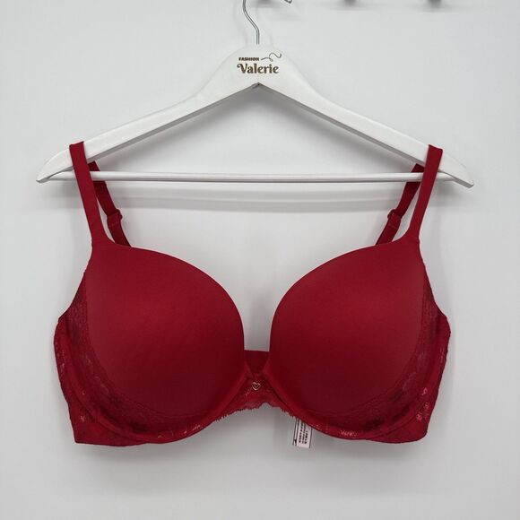 Victoria's Secret Bright Red Soft Pushup Bra Metallic Lace Size 38DD - Picture 1 of 9